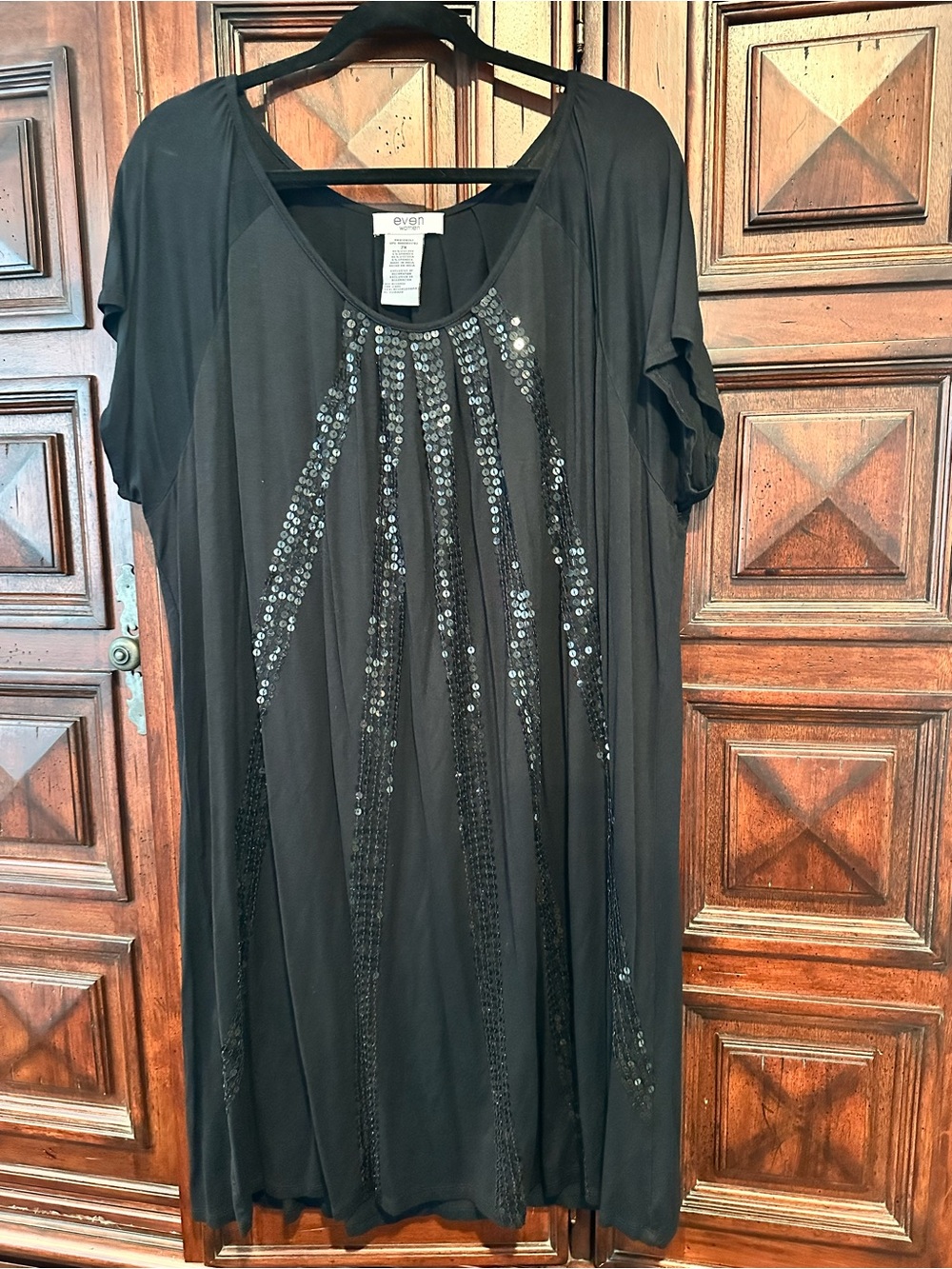 2X EVEN WOMEN Black Short-Sleeve Sequin-Striped A line dress